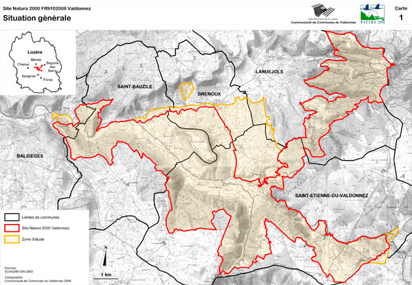 Reproduction d'une carte de situation de la zone Natura 2000 du Valdonnez