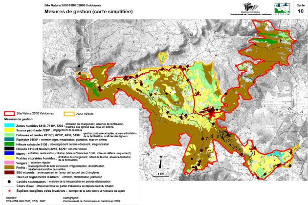 Carte présentant les mesures de gestion appliquées au site Natura 2000 du Valdonnez